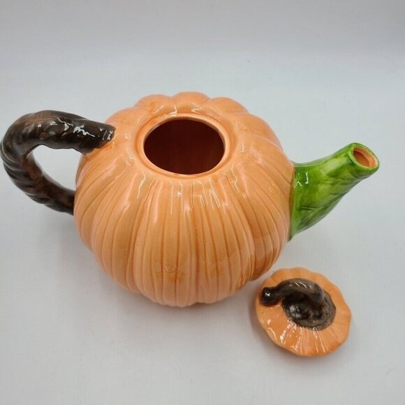 Halloween Autumn Pumpkin Teapot Orange Lid Green Spout 5" Tall - Picture 3 of 4